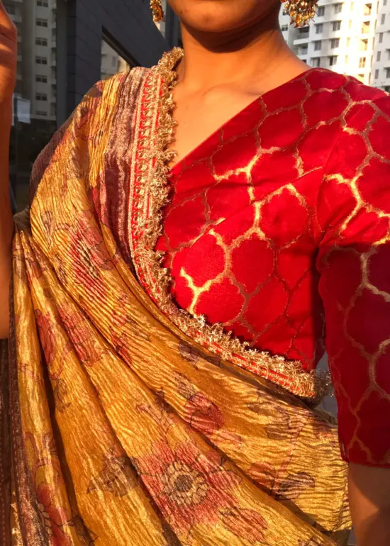 Mustard Yellow Printed Crushed Tissue Silk Saree highlighted with contrast embroidered detailing