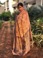 Mustard Yellow Printed Crushed Tissue Silk Saree highlighted with contrast embroidered detailing - Image 3