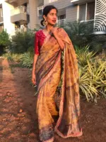 Mustard Yellow Printed Crushed Tissue Silk Saree highlighted with contrast embroidered detailing - Image 4