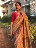 Mustard Yellow Printed Crushed Tissue Silk Saree highlighted with contrast embroidered detailing - Image 7