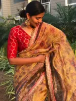 Mustard Yellow Printed Crushed Tissue Silk Saree highlighted with contrast embroidered detailing - Image 5