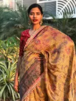 Mustard Yellow Printed Crushed Tissue Silk Saree highlighted with contrast embroidered detailing - Image 8