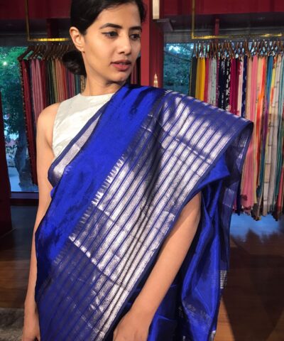 Royal Blue Mangalgiri silk saree with Kanchi silk border
