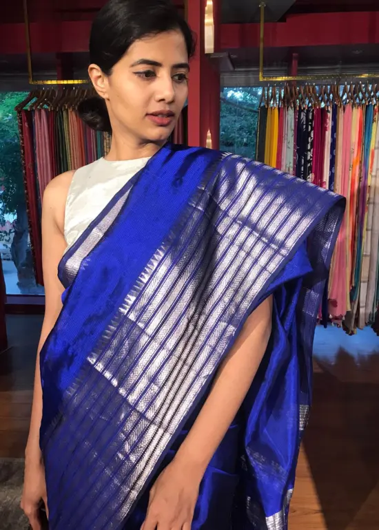 Royal Blue Mangalgiri silk saree with Kanchi silk border