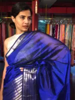 Royal Blue Mangalgiri silk saree with Kanchi silk border - Image 5