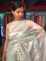 Sea Green Hand Embroidered Tissue Organza Silk Saree