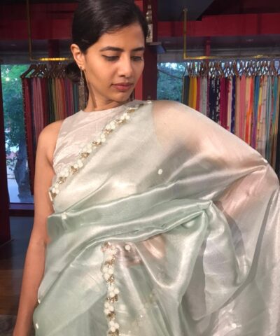 Sea Green Hand Embroidered Tissue Organza Silk Saree