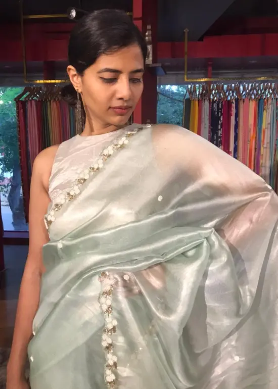 Sea Green Hand Embroidered Tissue Organza Silk Saree