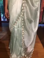 Sea Green Hand Embroidered Tissue Organza Silk Saree - Image 3