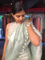 Sea Green Hand Embroidered Tissue Organza Silk Saree - Image 2