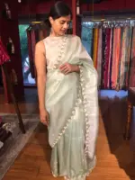Sea Green Hand Embroidered Tissue Organza Silk Saree - Image 5