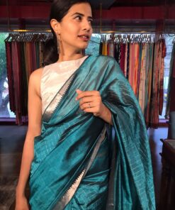 Ocean Blue Mangalagiri Silk Saree with Silver Zari Weaves