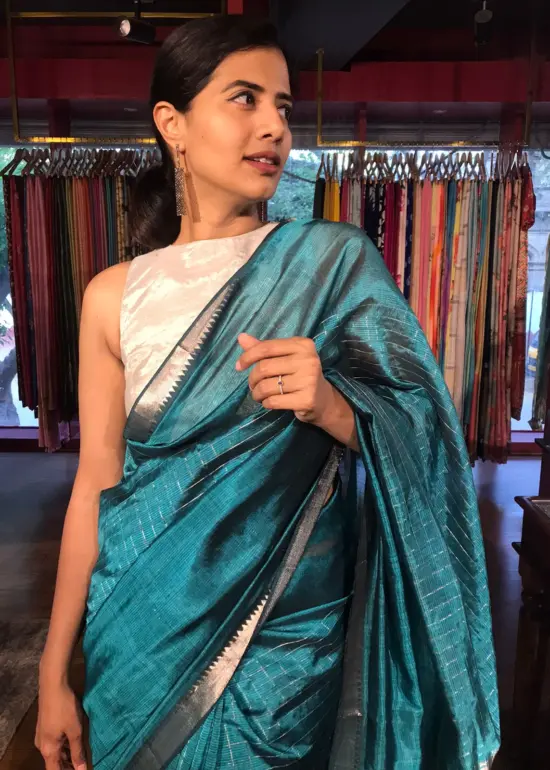 Ocean Blue Mangalagiri Silk Saree with Silver Zari Weaves