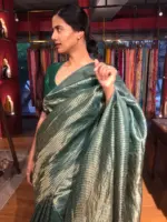Amber Green Tussar Silk Saree with Gold Zari Weaves