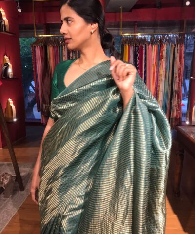 Amber Green Tussar Silk Saree with Gold Zari Weaves