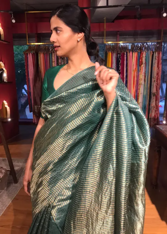 Amber Green Tussar Silk Saree with Gold Zari Weaves