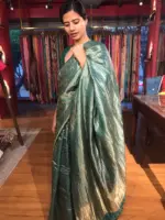 Amber Green Tussar Silk Saree with Gold Zari Weaves - Image 2