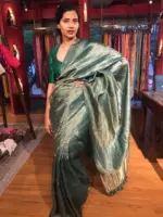 Amber Green Tussar Silk Saree with Gold Zari Weaves - Image 4