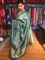 Amber Green Tussar Silk Saree with Gold Zari Weaves - Image 3