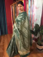 Amber Green Tussar Silk Saree with Gold Zari Weaves - Image 5