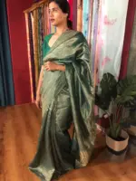 Amber Green Tussar Silk Saree with Gold Zari Weaves - Image 6