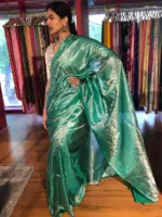 Turquoise Tissue Silk Saree - Image 4