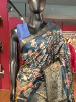 Multicolor Printed Dola Silk Saree with Zari Border - Image 4