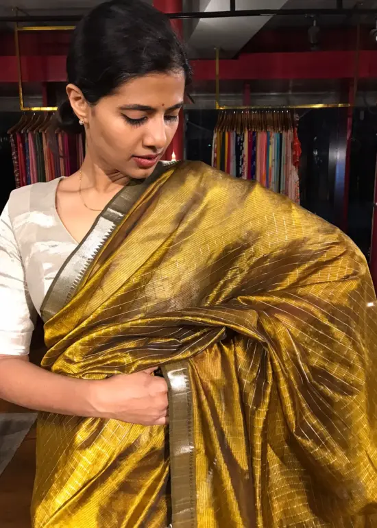 Mehendi Green Mangalagiri Silk Saree with Silver Zari Checks