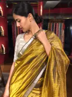 Mehendi Green Mangalagiri Silk Saree with Silver Zari Checks - Image 5