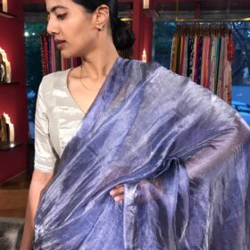 Ink Blue Tissue Silk Saree woven in Silver Zari
