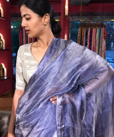 Ink Blue Tissue Silk Saree woven in Silver Zari