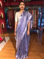 Ink Blue Tissue Silk Saree woven in Silver Zari - Image 3