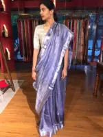 Ink Blue Tissue Silk Saree woven in Silver Zari - Image 4