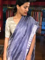 Ink Blue Tissue Silk Saree woven in Silver Zari - Image 5