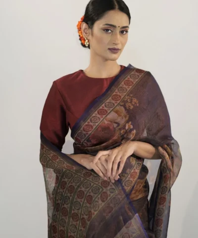 Purple Printed Handwoven Tissue Silk Saree