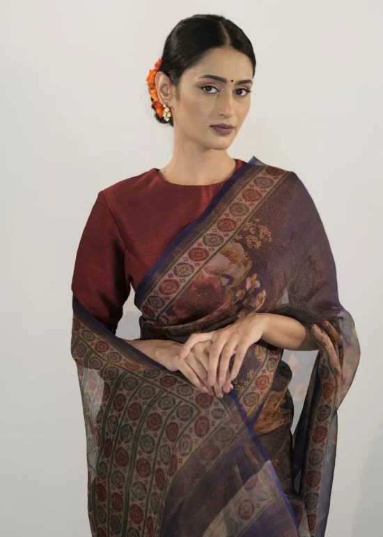 Purple Printed Handwoven Tissue Silk Saree