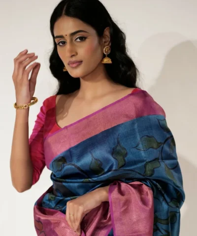 Blue Printed Tussar Silk Saree