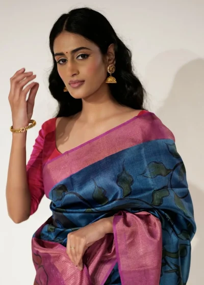 Blue Printed Tussar Silk Saree