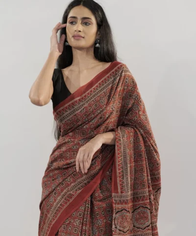Maroon Ajrakh Block Printed Cotton Saree