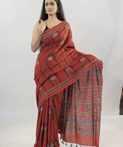 Madder Red Ajrakh Block Printed Cotton Saree