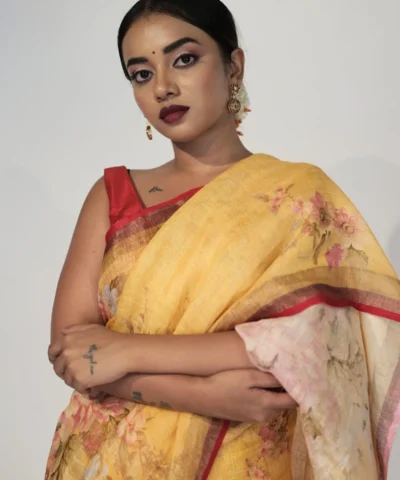 Yellow Digital Printed Linen Saree