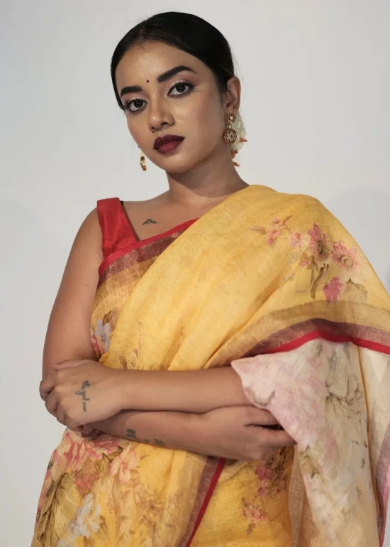 Yellow Digital Printed Linen Saree