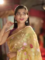 Yellow Organza Silk Saree with Beautiful Floral Embroidery - Image 3
