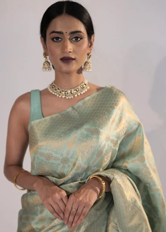 Pastel Blue Banarasi Silk Saree with Gold Zari Weaves