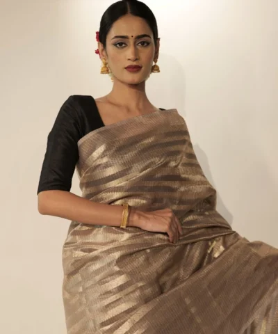 Grey Banarasi Silk Saree with Gold Zari Stripes