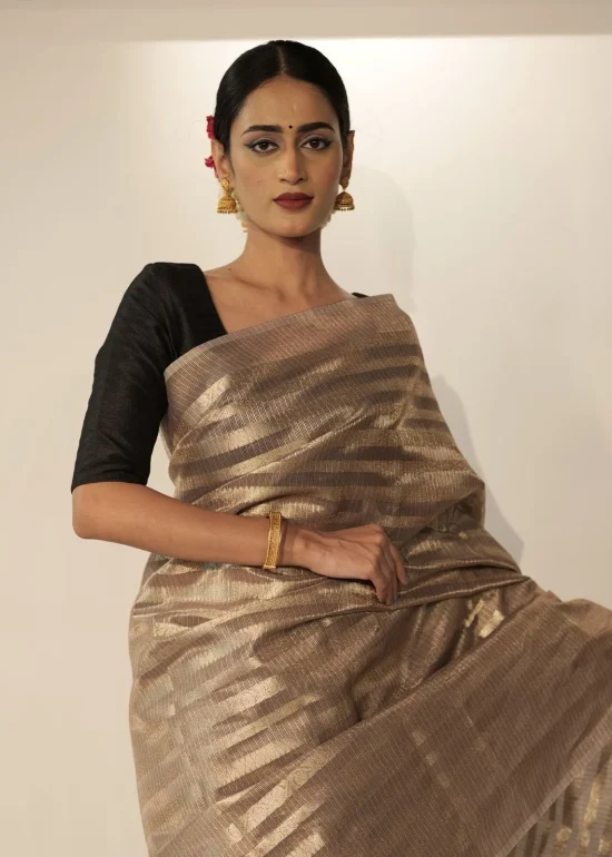 Grey Banarasi Silk Saree with Gold Zari Stripes