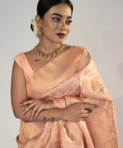 Peach Banarasi silk saree with gold zari weaves