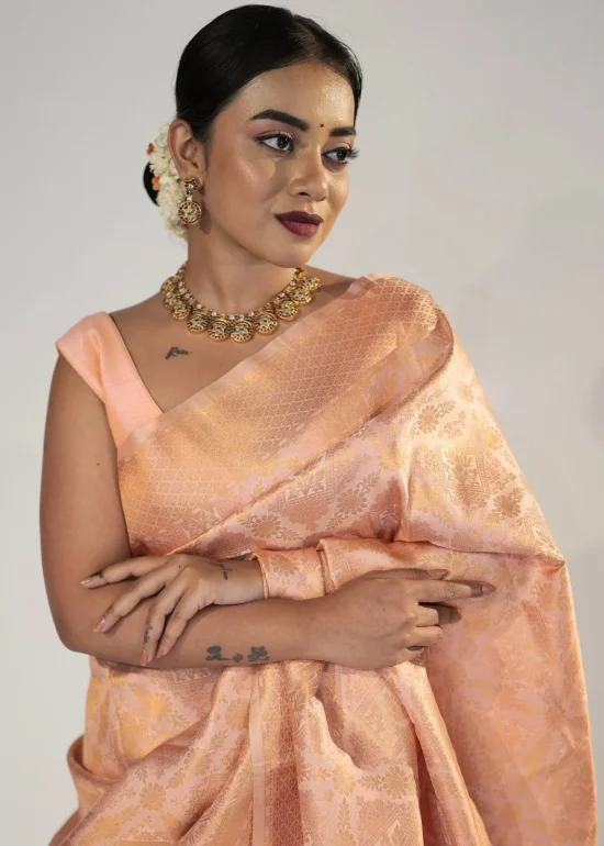 Peach Banarasi silk saree with gold zari weaves