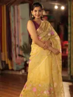 Yellow Organza Silk Saree with Beautiful Floral Embroidery