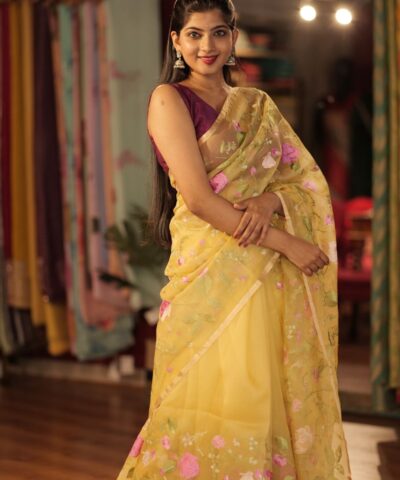 Yellow Organza Silk Saree with Beautiful Floral Embroidery